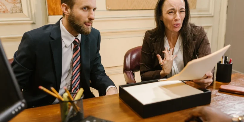 Two legal professionals discuss documents across a conference table in a professional office.