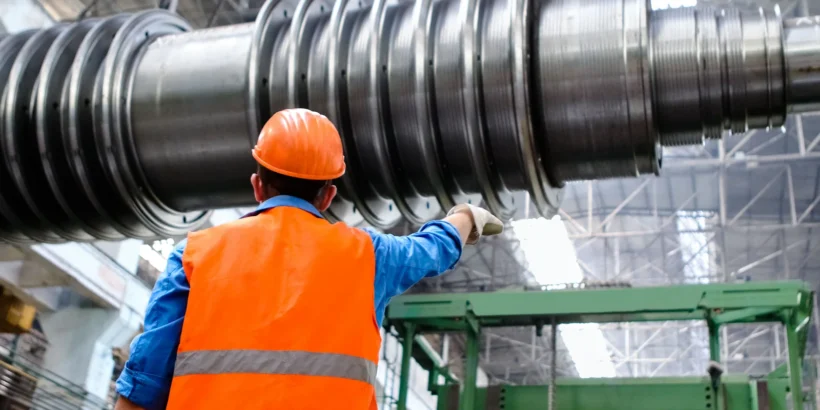 Worker in an orange hard hat and reflective vest inspects large industrial machinery inside a factory.