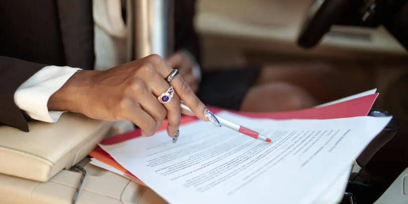Close-up of a person writing on paperwork inside a vehicle.