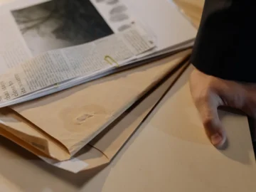 Close-up of a hand beside stacked documents and newspaper clippings on a desk.