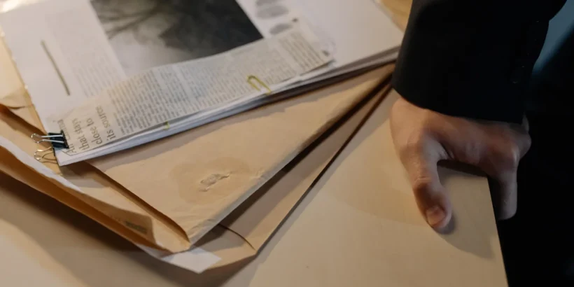 Close-up of a hand beside stacked documents and newspaper clippings on a desk.