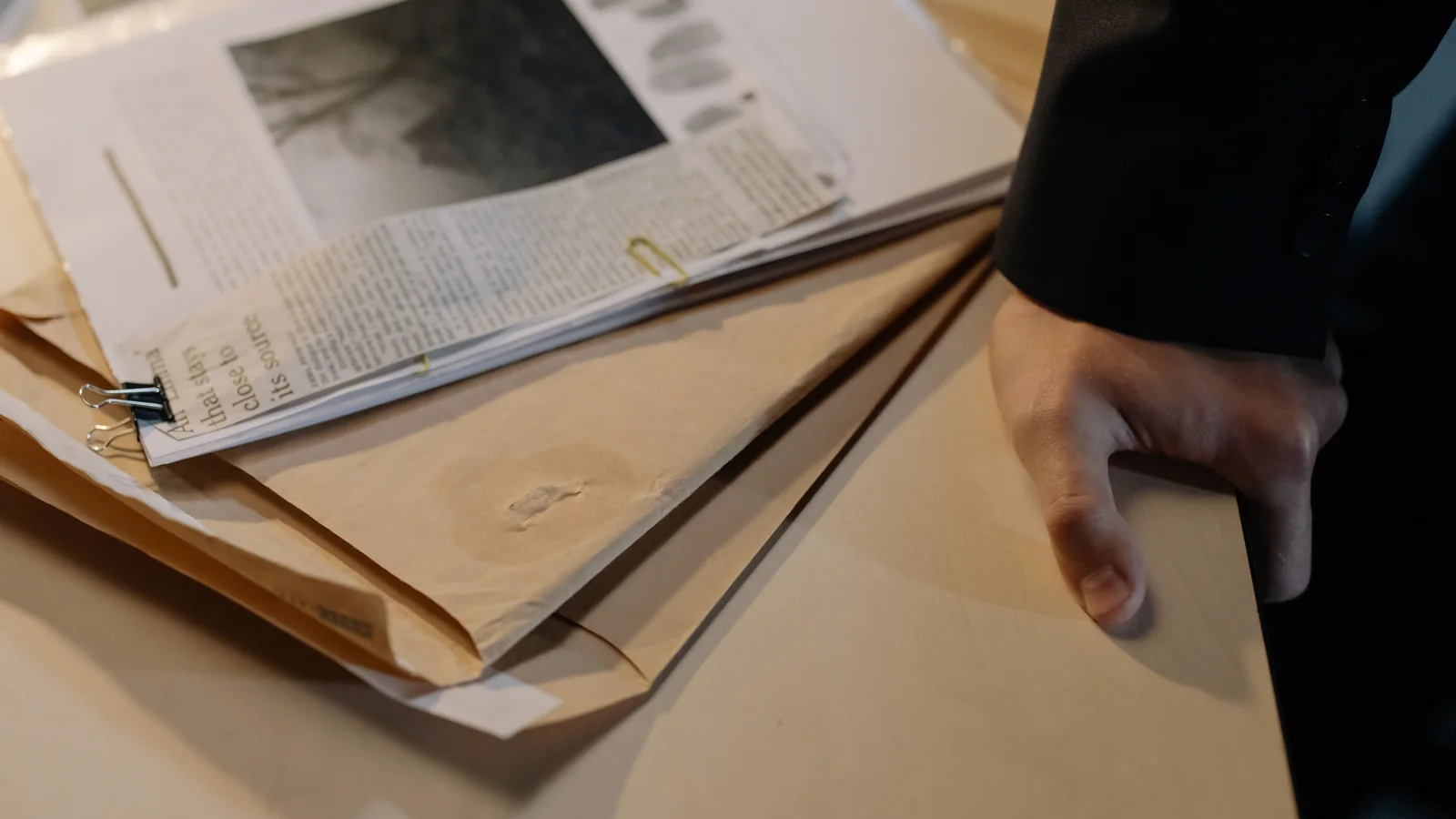 Close-up of a hand beside stacked documents and newspaper clippings on a desk.