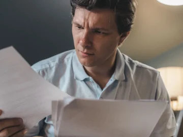 A man seated indoors carefully reviewing several sheets of paper under warm lighting.