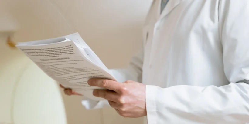 Healthcare professional in a white coat holding and reviewing paperwork in a softly lit clinical setting.