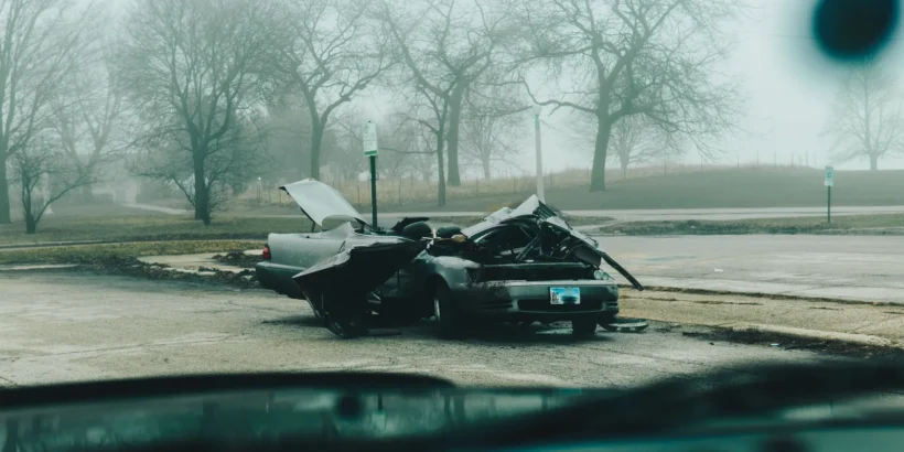A severely damaged car sits on the side of a foggy roadside with its hood raised.