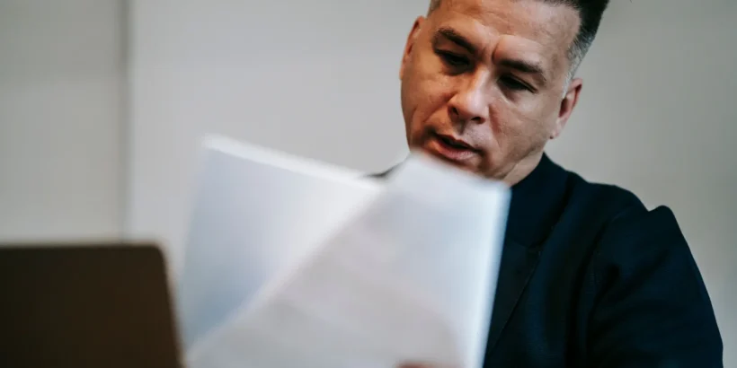 A professional man reviews paperwork at a desk indoors.