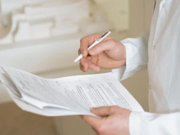 Close-up of a healthcare professional holding medical documents and writing notes in a bright clinical setting.
