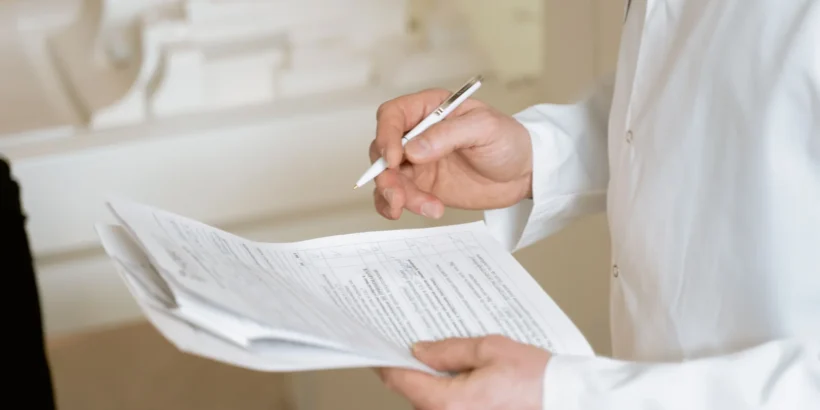 Close-up of a healthcare professional holding medical documents and writing notes in a bright clinical setting.