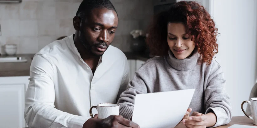 A couple sits together at a kitchen table reviewing paperwork beside coffee cups.