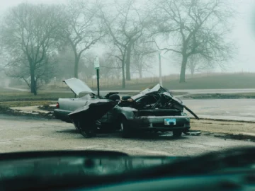 A severely damaged car sits on the side of a foggy roadside near a park.